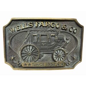 Vintage 1970s Wells Fargo Bank Stagecoach Brass Tone Heavy Belt Buckle Rare